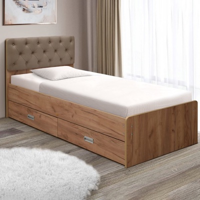 Кровать односпальная №7, с мягким изголовьем, с ящиками, 800×2000 мм, каретная стяжка, велюр, цвет дуб крафт 006