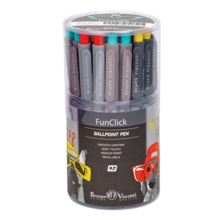 Ручка шариковая автоматическая FreshWrite FunClick "Псы на стиле" 0.7 мм, синие пигментные чернила, корпус Soft Touch, МИКС