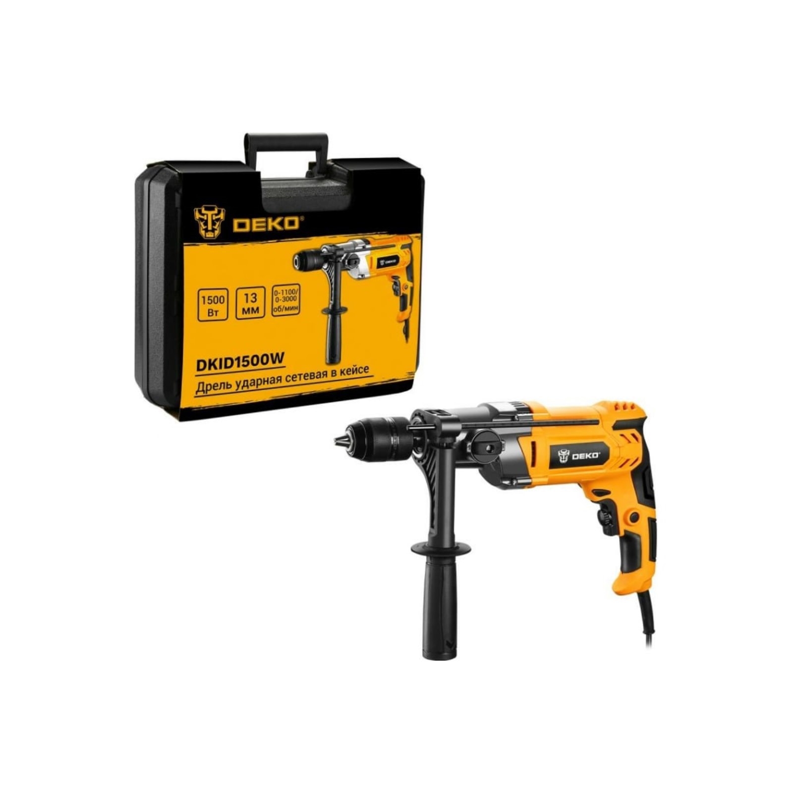 Дрель ударная DEKO DKID1500W, сетевая, двухскоростная, 1500 Вт, кейс ...