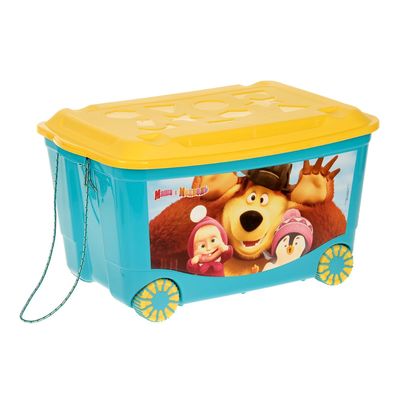 Ящик для игрушек с аппликацией "Маша и Медведь" на колёсиках, с крышкой, 50 л, цвет голубой