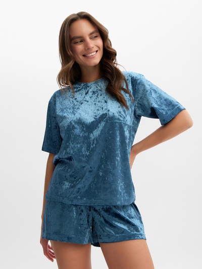 Пижама женская (футболка, шорты) KAFTAN Velvet, размер 48-50, синяя