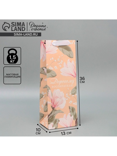 Пакет подарочный под бутылку, упаковка, «Воспитателю», 35×13×10 см