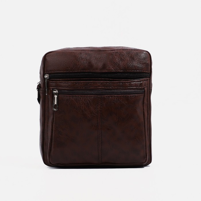 Сумка мужская на молнии, 2 наружных кармана, длинный ремень, цвет тёмно-коричневый