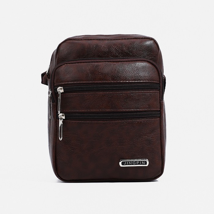 Сумка мужская на молнии, 3 наружных кармана, длинный ремень, цвет тёмно-коричневый