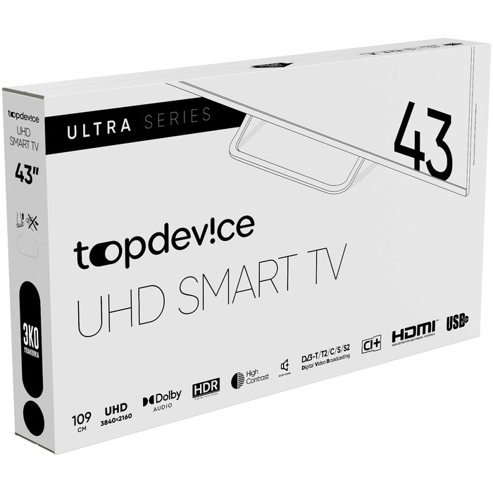 Телевизор Topdevice TDTV43BS05U,43",3840x2160, DV3-Т/T2/C/S/S2, HDMI3, USB2, SmartTV,черный - фото 51327700