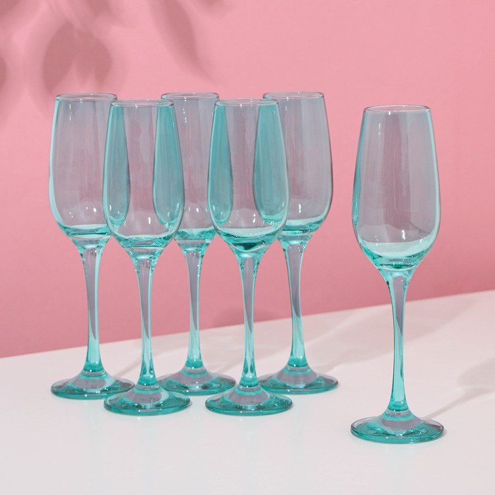 Набор бокалов для шампанского «Бирюза», стеклянный, 210 мл, набор 6 шт