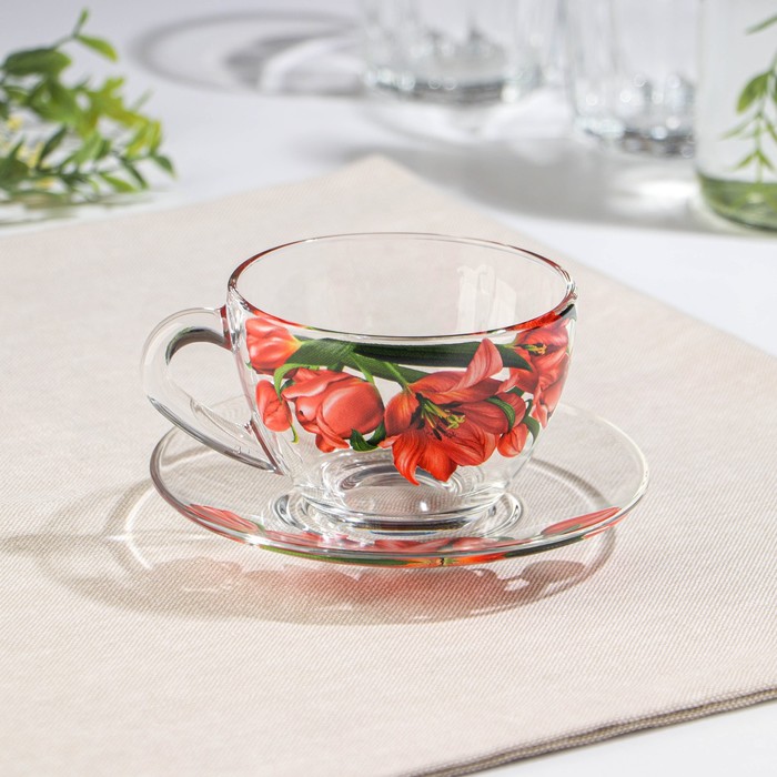 Чайная пара «Тюльпан», стеклянная, чашка+блюдце, 200 мл, d=92 мм