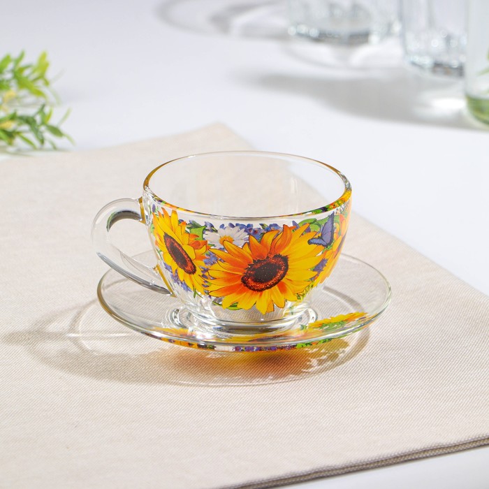 Чайная пара «Подсолнух»,стеклянная, чашка+блюдце, 200 мл, d=92 мм - Фото 1