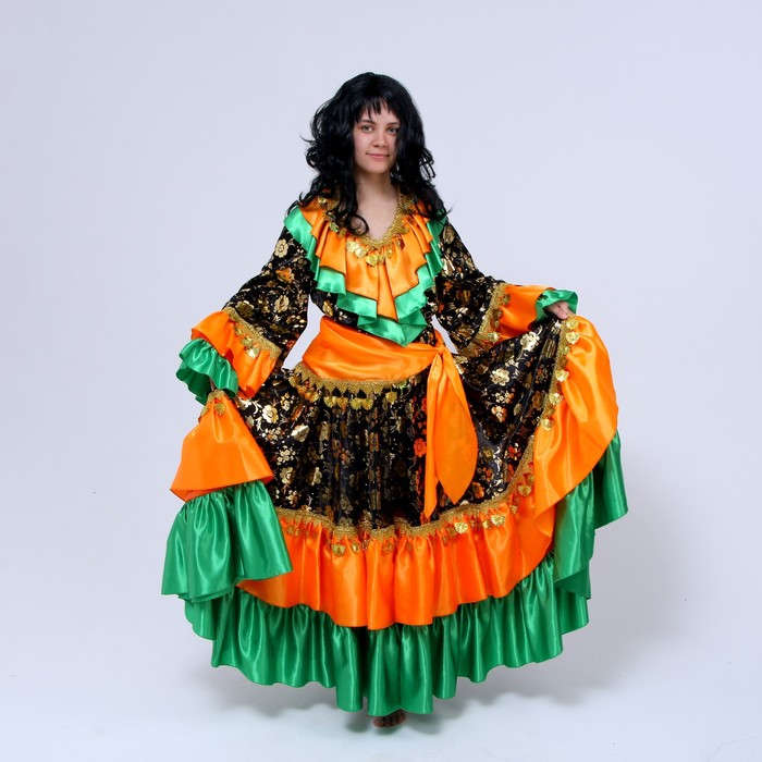 Русский костюм женский"Цыганка"оранжево-зеленая,блузка,юбка,косынка,парик,р-р 44-46 рост170 - фото 1882703868