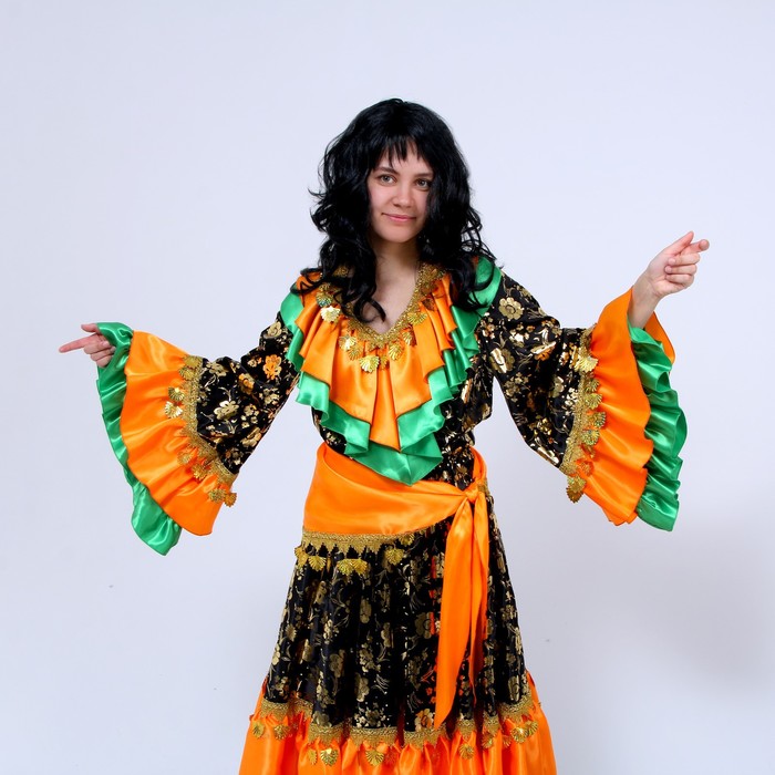 Русский костюм женский"Цыганка"оранжево-зеленая,блузка,юбка,косынка,парик,р-р 44-46 рост170 - фото 1906276662