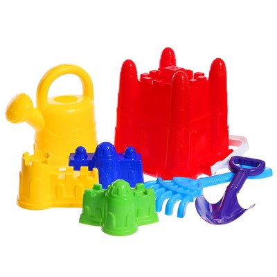 Набор игрушек для песочницы, 7 предметов: ведро, совок, грабли, 3 формочки, лейка, МИКС