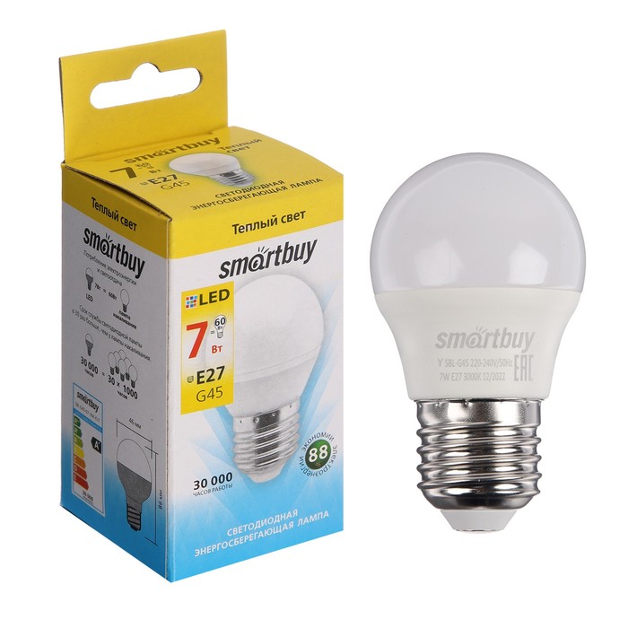 Лампа cветодиодная Smartbuy, G45, Е27, 7 Вт, 3000 К, теплый белый свет - фото 1907725458