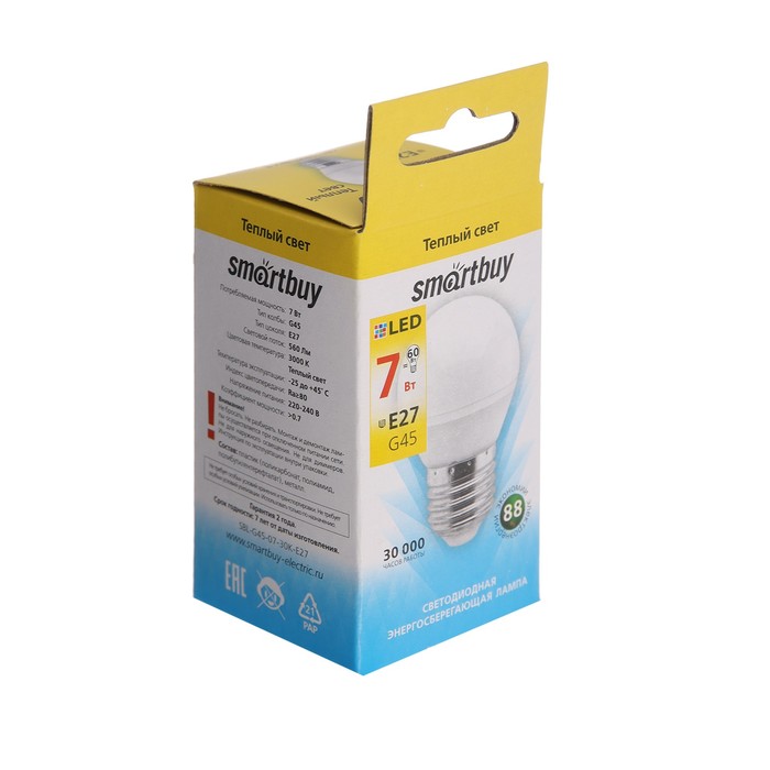 Лампа cветодиодная Smartbuy, G45, Е27, 7 Вт, 3000 К, теплый белый свет - фото 1907725459