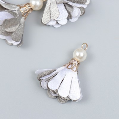 Декор текстиль «Цветок 2 с жемчужиной. Серый и белый», набор 6 шт., 3 см