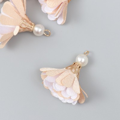 Декор текстиль «Цветок 2 с жемчужиной. Телесный и белый», набор 6 шт., 3 см