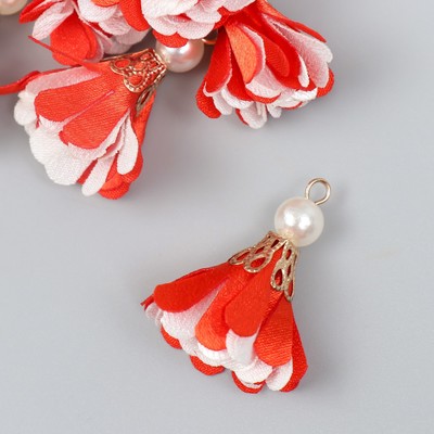 Декор текстиль «Цветок 2 с жемчужиной. Красный и белый», набор 6 шт., 3 см