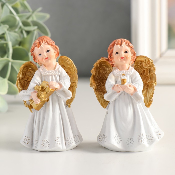 Сувенир полистоун "Праздничный ангел в белом платье" золотые крылья МИКС 5х3,5х7,5 см - Фото 1