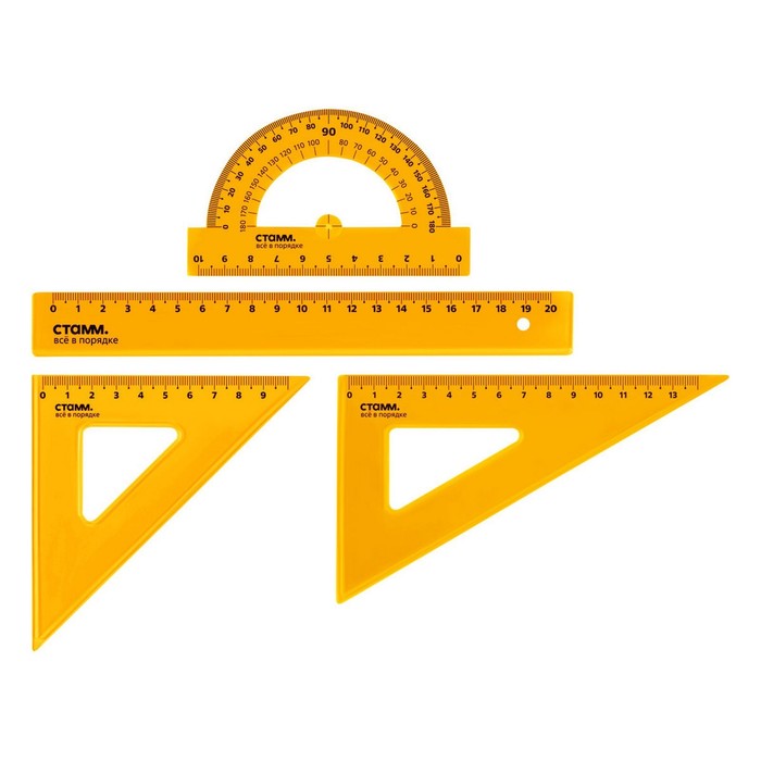 Набор чертежный Стамм средний (линейка 20 см, 2 треугольника, транспортир), прозрачный, неоновые цвета, МИКС - Фото 1