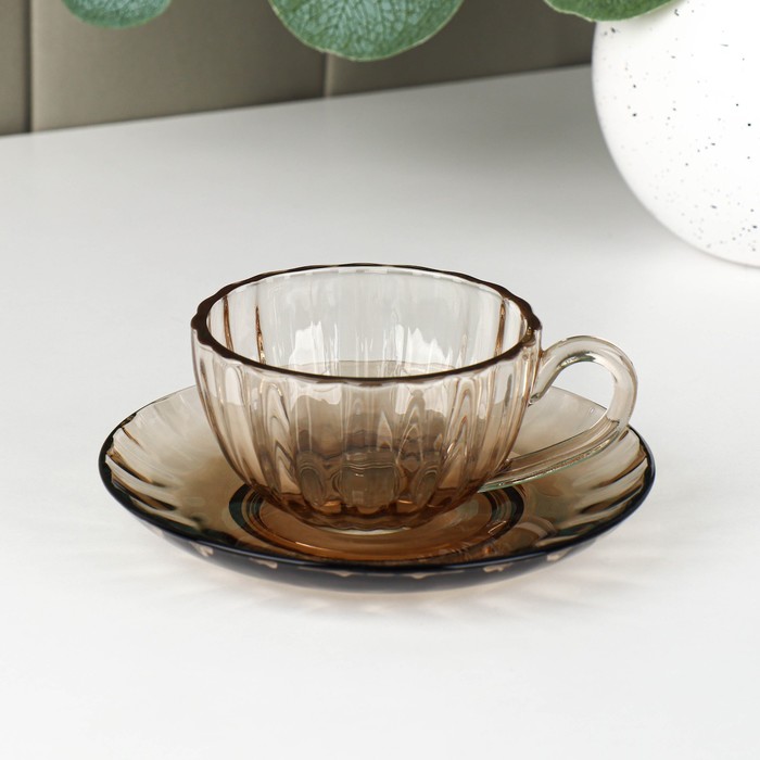 Чайная пара стеклянная «Дымка», 2 предмета: чашка 200 мл, блюдце - фото 1906278837