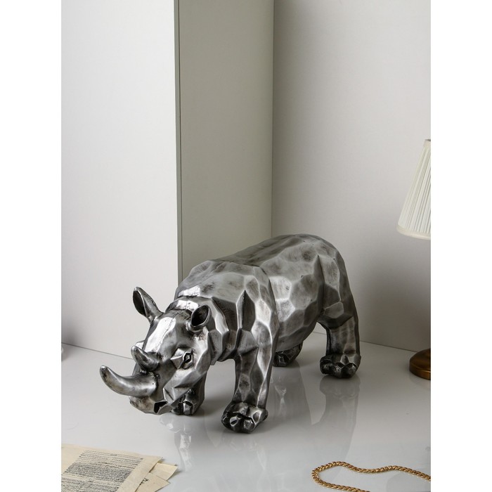 Фигура "Носорог", геометрия, полистоун, 34 см, серебро, 1 сорт, Иран - Фото 1