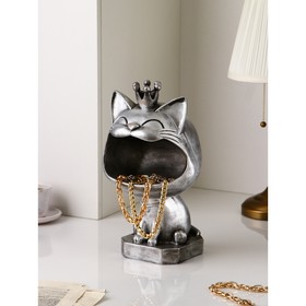 Подставка для мелочей "Кот король", полистоун, 38 см, серебро, Иран, 1 сорт