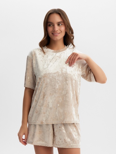 Пижама женская (футболка, шорты) KAFTAN Velvet, размер 44-46, бежевая