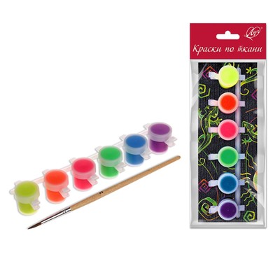 Краска по ткани, набор 6 цветов × 5 мл, Луч, флуоресцентная, акриловая на водной основе, с кистью