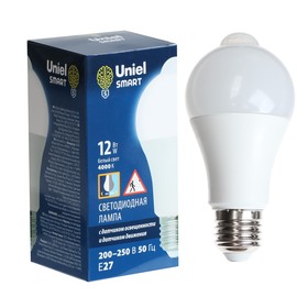 Светодиодная лампа Uniel, LED-A60-12W, 12 Вт, 4000 K, E27,PLS10WH, датчик освещенности, движ 9668652