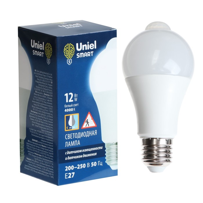 Светодиодная лампа Uniel, LED-A60-12W, 12 Вт, 4000 K, E27,PLS10WH, датчик освещенности, движ - фото 1907728178