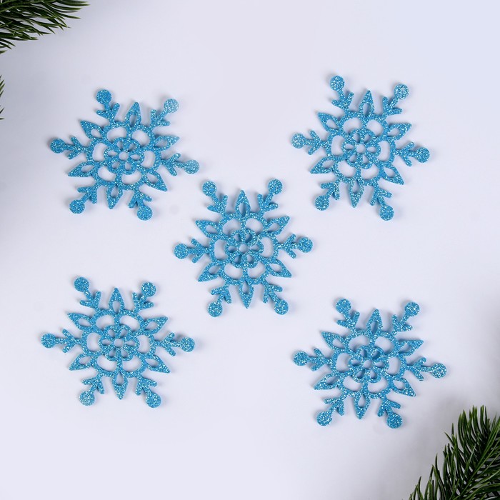 Новогодний набор для декора «Снежинки» 5 шт., 7 см, цвет голубой - Фото 1