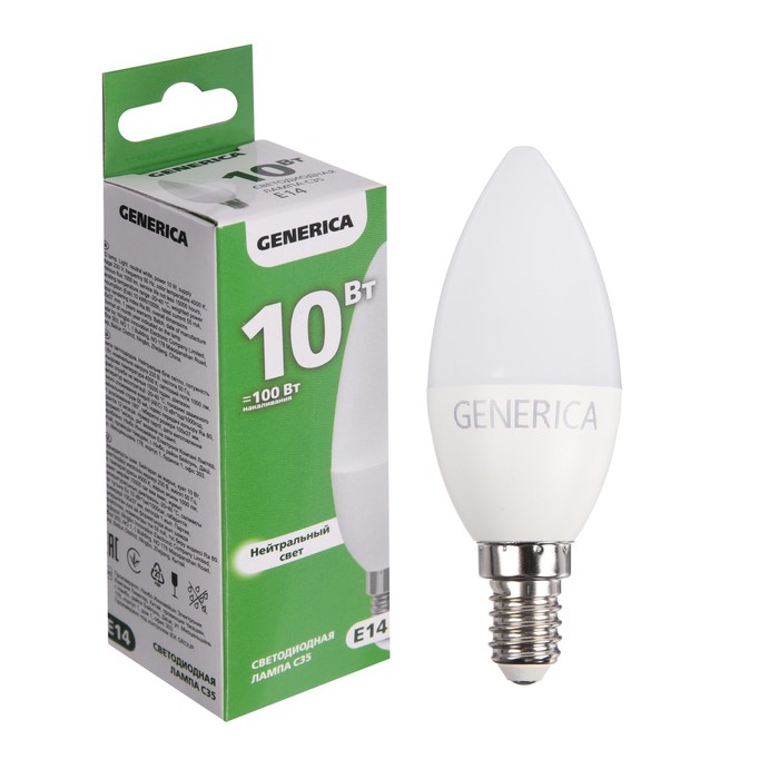 Лампа светодиодная GENERICA C35, 10 Вт, свеча, 4000 К, E14, 230 В, LL-C35-10-230-40-E14-G - Фото 1