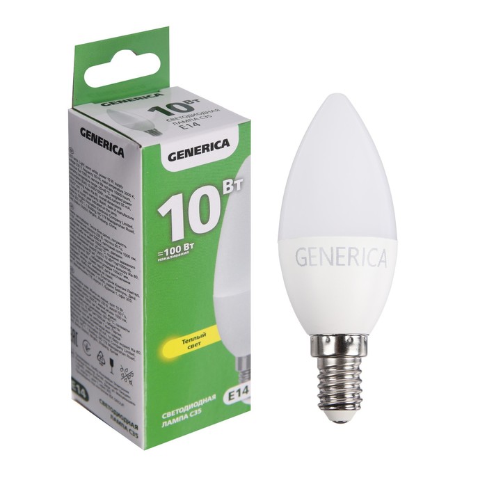 Лампа светодиодная GENERICA C35, 10 Вт, свеча, 3000 К, E14, 230 В, LL-C35-10-230-30-E14-G - Фото 1