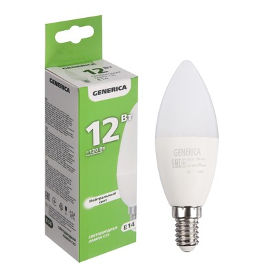 Лампа светодиодная GENERICA C35, 12 Вт, свеча, 4000К, E14, 230 В, LL-C35-12-230-40-E14-G