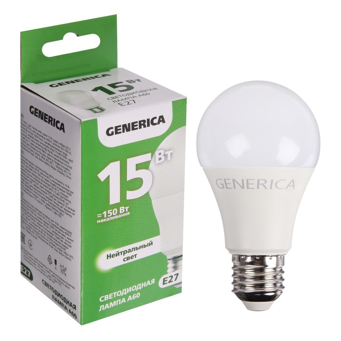 Лампа светодиодная GENERICA A60, 15 Вт, груша, 4000 К, E27, 230 В, LL-A60-15-230-40-E27-G - Фото 1