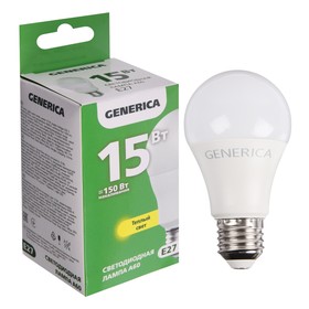 Лампа светодиодная GENERICA A60, 15 Вт, груша, 3000 К, E27, 230 В, LL-A60-15-230-30-E27-G