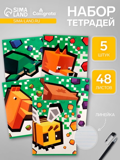 Набор тетрадей из 5 штук, 48 листов в линейку, Calligrata «Пиксели»
