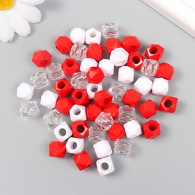 Бусины пластик "Кристалл многогранник. Красный, белый, прозрачный" набор 30 гр 1х1х1 см