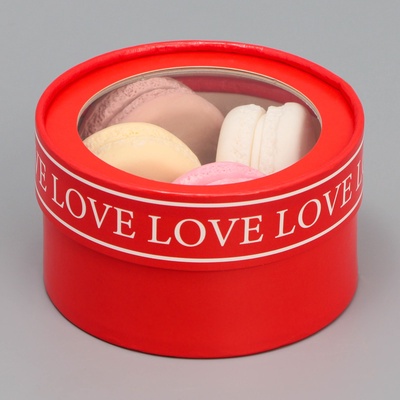 Коробка для макарун, кондитерская упаковка тубус с окном Love, 12×12×5 см