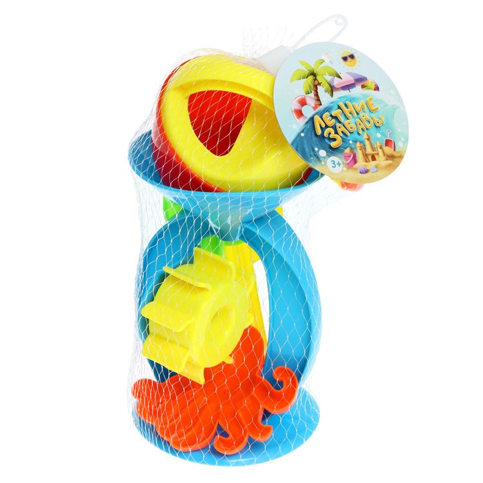 Песочный набор в сетке «Мельница-15»: 3 лопатки, грабли, лейка, формочки 3 шт., МИКС 63232