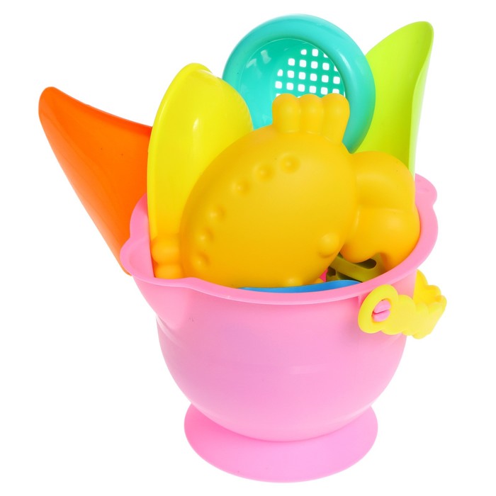 Песочный набор в сетке: ведёрко, лопатка, сито, кораблик, 2 формочки, МИКС 63233