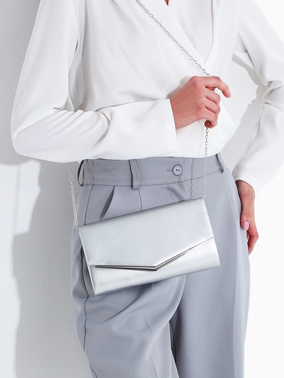 Сумка-клатч женская вечерняя на магните, с длинной цепочкой, серебристая