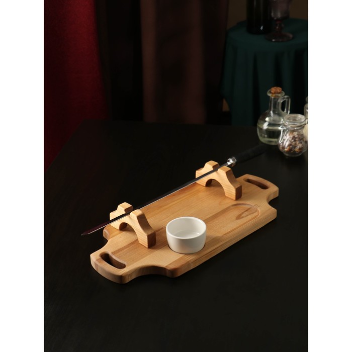 Подарочный набор для подачи шашлыка: доска - тарелка 40×18×5,5 см, шампур 1 шт, опахало, соусник, берёза - фото 1928186890