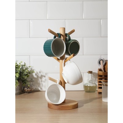 Подставка деревянная для кружек Adelica, основа d=13×1.8 см, высота 34 см, вешалка 6.5 см, берёза