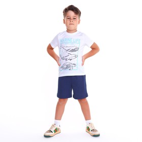 Комплект для мальчика (футболка/шорты), цвет белый/синий, рост 116-122 см