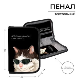 Пенал 1 секция 140 х 210 х 40 мм, откидной карман и косметичка, тканевый, Calligrata Content "Коты мемы"