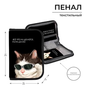 Пенал 1 секция 140 х 210 х 40 мм, откидной карман и косметичка, тканевый, Calligrata TOP Content "Коты мемы" 9305823