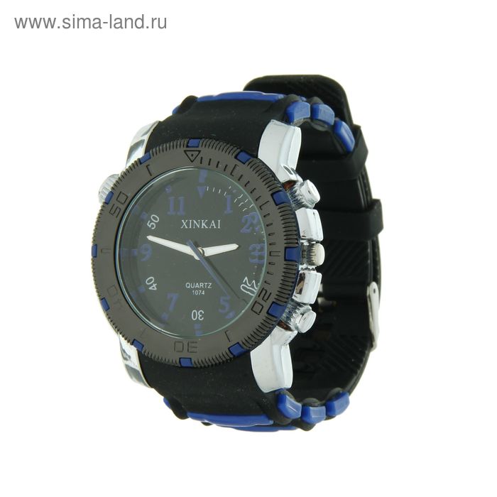 Часы мужские, черный циферблат, силиконовый черно-синий ремешок - Фото 1