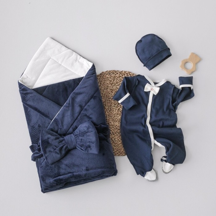 Комплект на выписку: конверт, комбинезон, шапочка, бант, рост 50-56 см, цвет синий