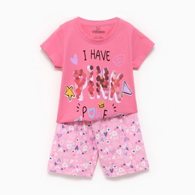 Пижама (футболка/шорты) для девочки, цвет ярко-розовый, рост 128см