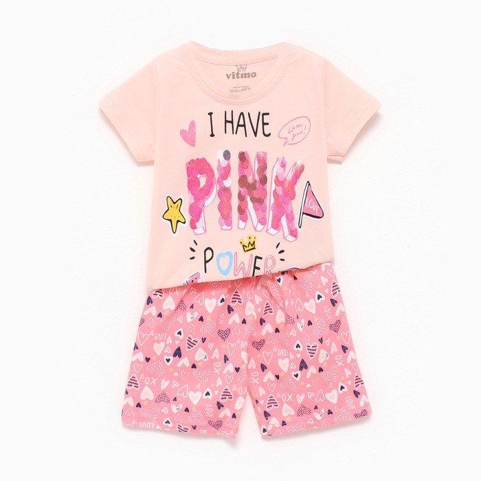 Пижама (футболка/шорты) для девочки, цвет персик/розовый, рост 122см